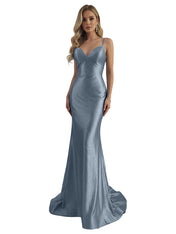Blue Mermaid Spaghetti Straps V-Neck Rhinestone Long Prom Dress