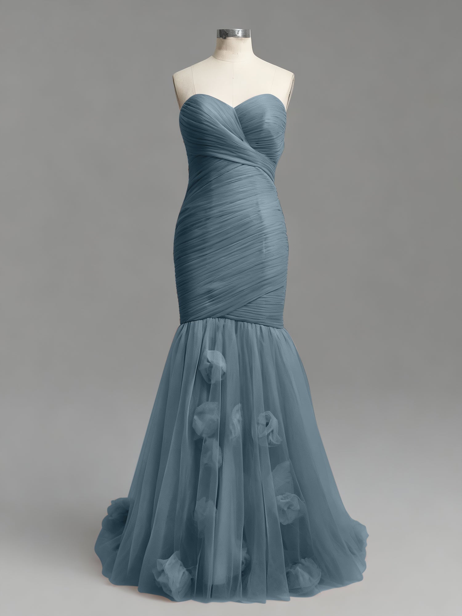 Dusty Rose Mermaid Strapless Ruched Tulle Prom Dress with 3D Floral