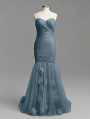 Dusty Rose Mermaid Strapless Ruched Tulle Prom Dress with 3D Floral