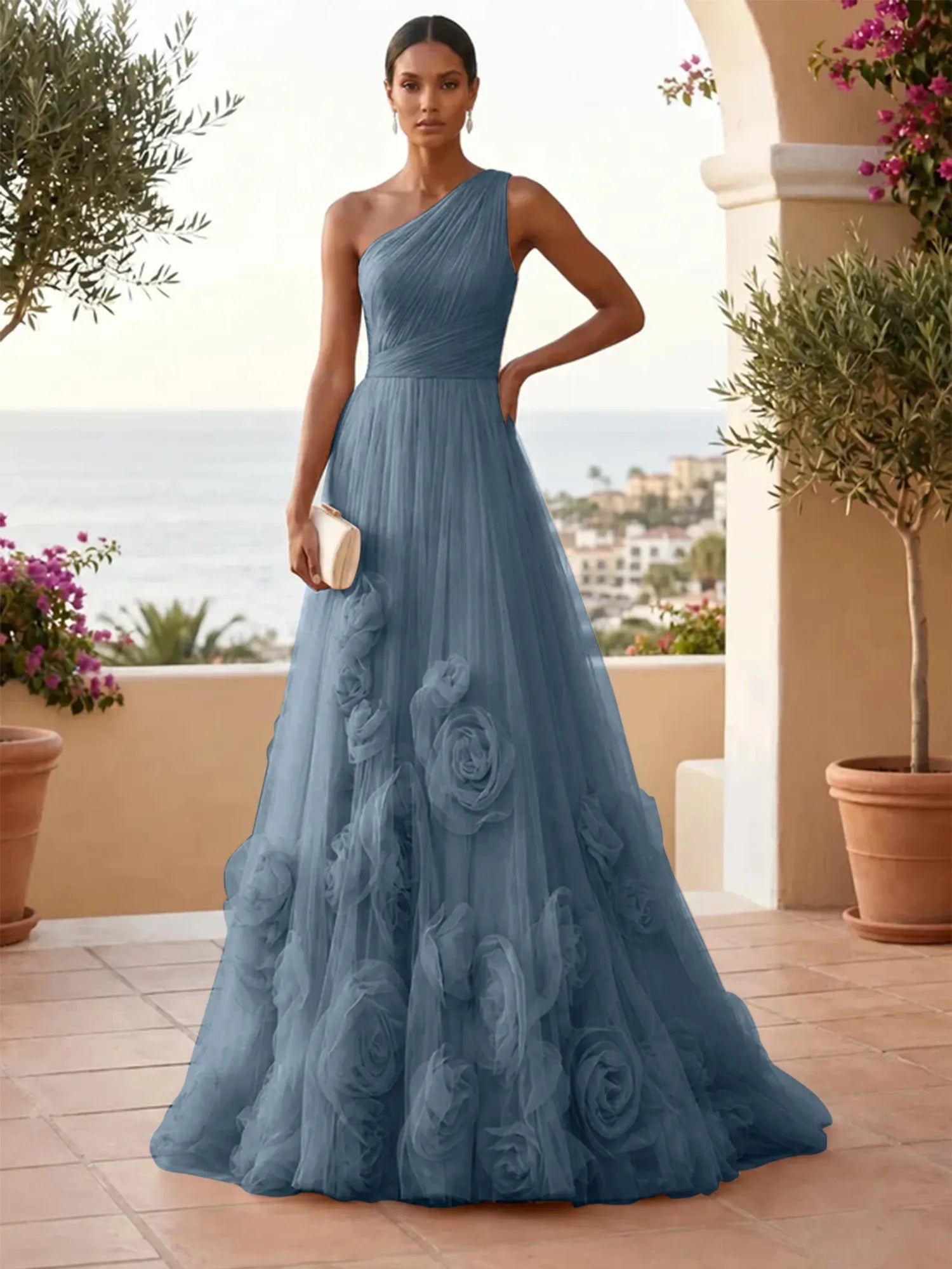 One-Shoulder Sweetheart Tulle Ball Gown with 3D Floral Accents Evening Dresses