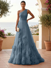 One-Shoulder Sweetheart Tulle Ball Gown with 3D Floral Accents Evening Dresses
