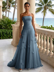Light Blue Evening Dress with 3D Flower Strapless Pleat Maxi Dress