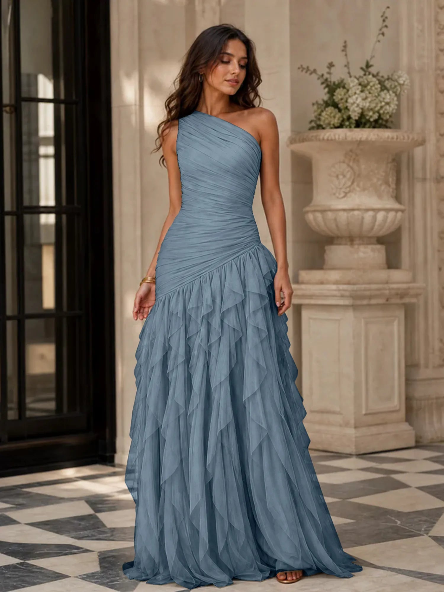 Emerald Green One-Shoulder Ruched Asymmetric Ruffle Chiffon Floor-Length Gown Dress