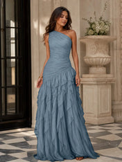 Emerald Green One-Shoulder Ruched Asymmetric Ruffle Chiffon Floor-Length Gown Dress