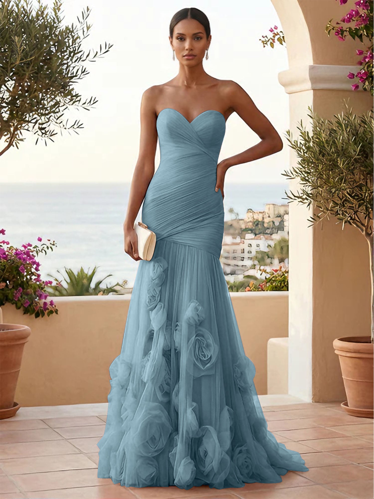Sweetheart Tulle Pleat Mermaid Evening Dresses with 3D Flower