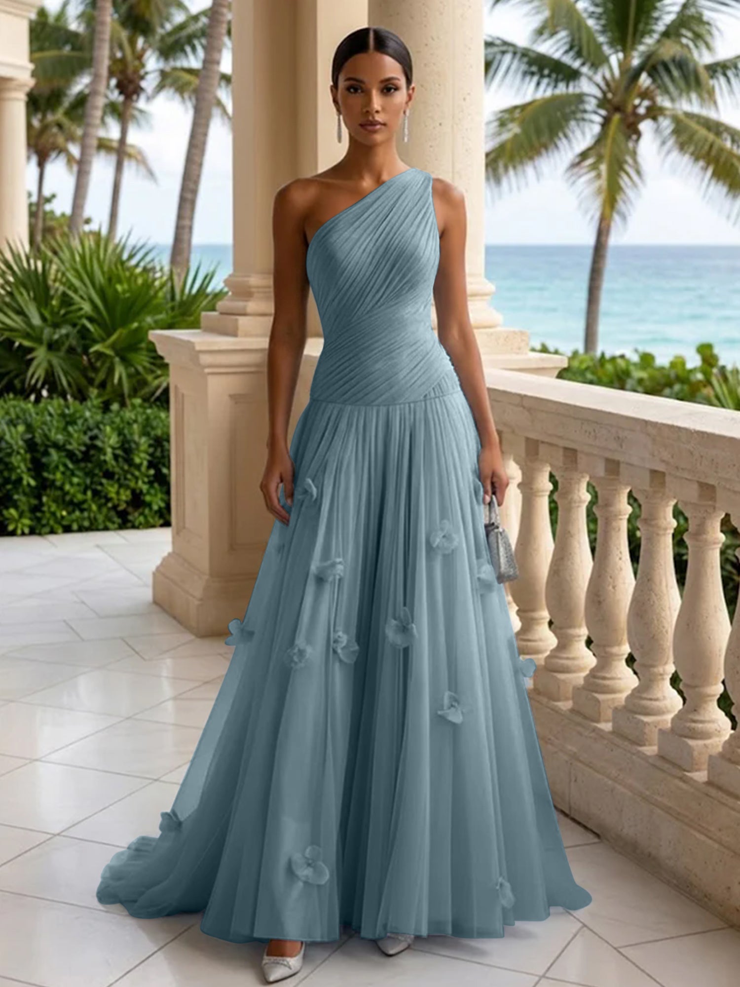 Light Blue Evening Dress with 3D Flower One Shoulder Pleat Maxi Dress