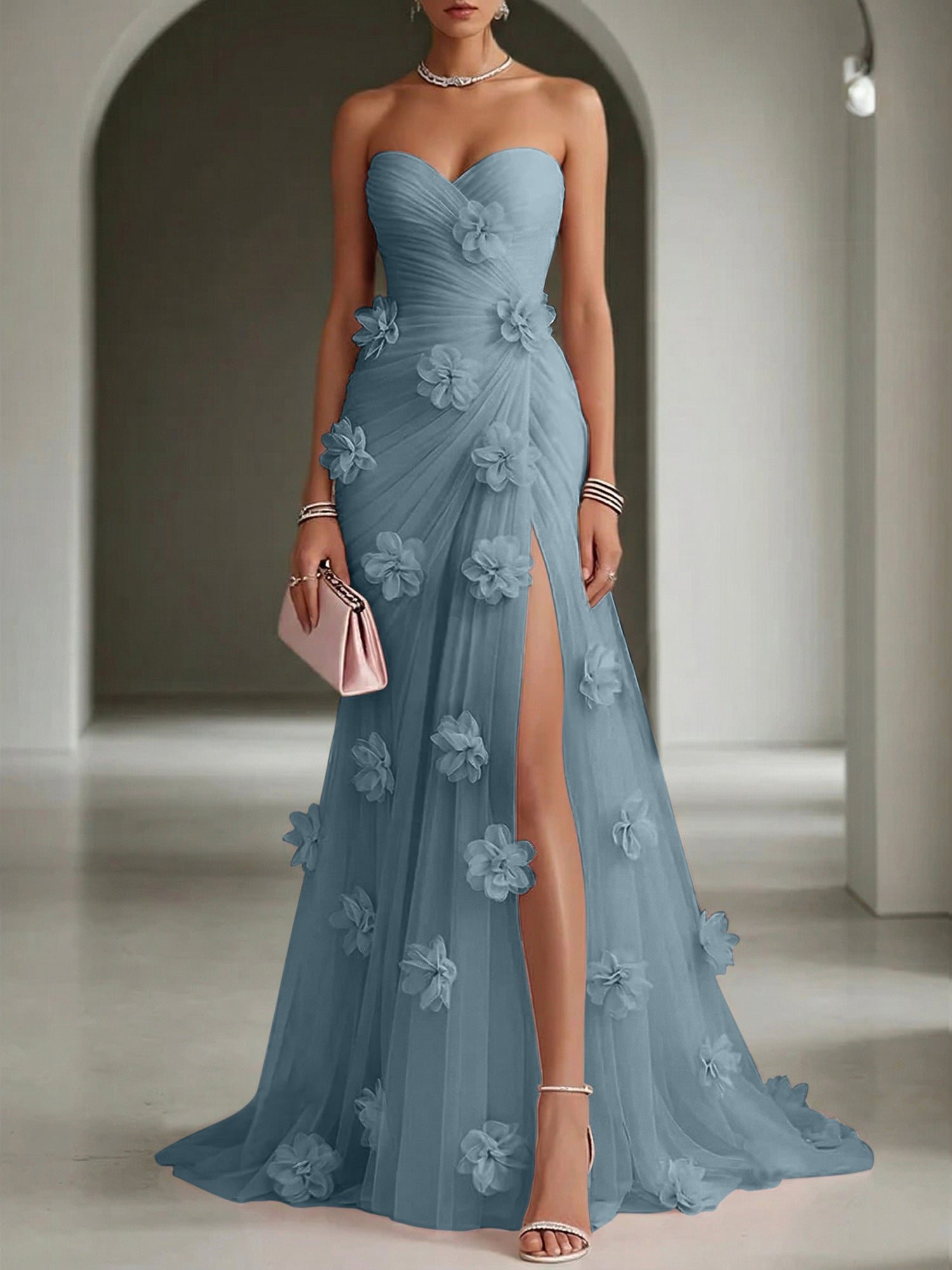 Ethereal Blush Slit 3D Floral Strapless Tulle Gown Dress