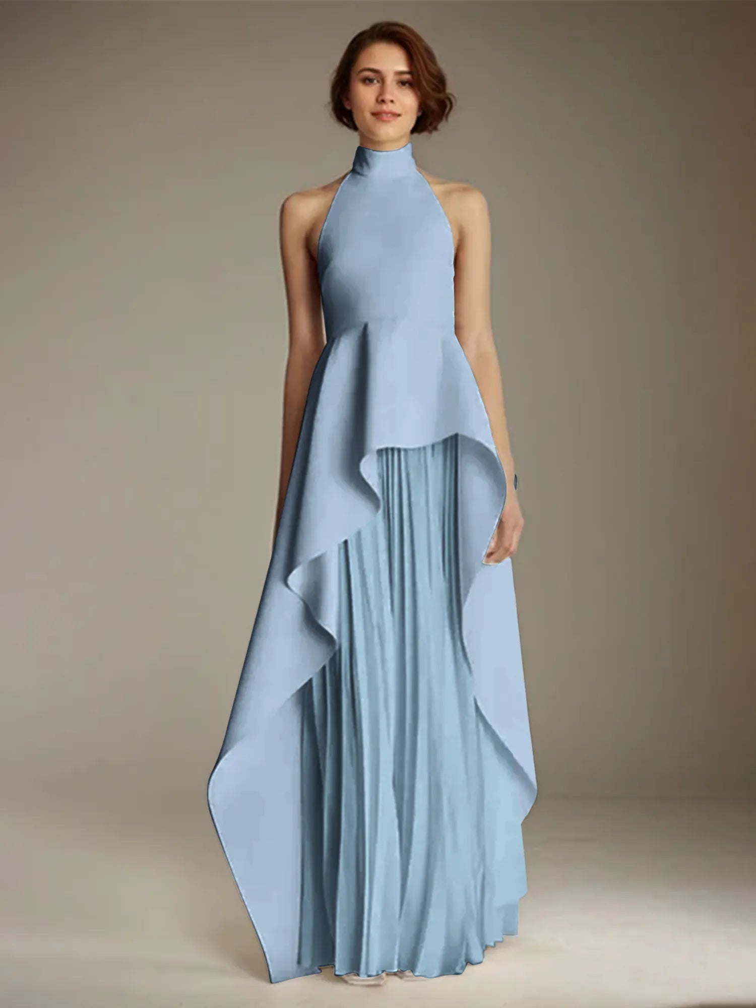 White Sleeveless High Neck Chiffon Long Formal Dress With Ruffles