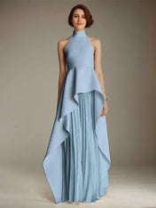 White Sleeveless High Neck Chiffon Long Formal Dress With Ruffles
