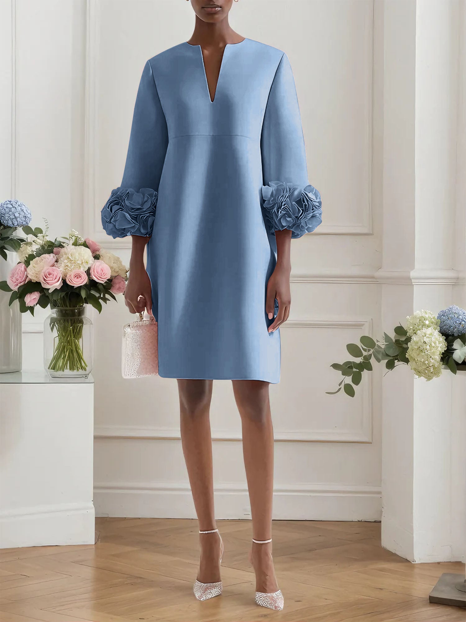 Pink 3D Floral Classic Notched Long Sleeve A-Line Midi Dress