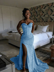 Glitter Strapless Mermaid Sequined Long Prom Dress with Slit