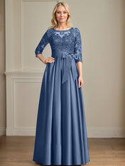 A-line Scoop Illusion Floor-Length Satin Lace Mother of the Bride Dress With Sequins Bow