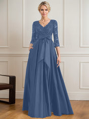 A-line V-Neck Floor-Length Satin Lace Mother of the Bride Dress With Sequins Bow