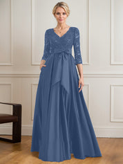 A-line V-Neck Floor-Length Satin Lace Mother of the Bride Dress With Sequins Bow