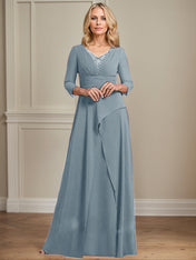 A-line V-Neck Floor-Length Chiffon Mother of the Bride Dress With Pleated Beading