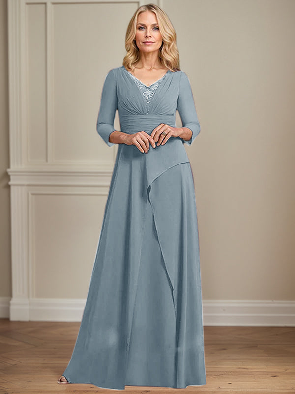 A-line V-Neck Floor-Length Chiffon Mother of the Bride Dress With Pleated Beading
