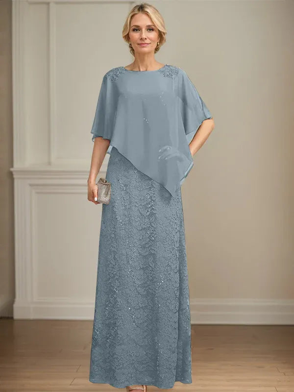 Column Scoop Floor-Length Chiffon Lace Mother of the Bride Dress With Sequins Beading