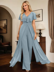 Jumpsuit/Pantsuit V-Neck Floor-Length Chiffon Evening Dress