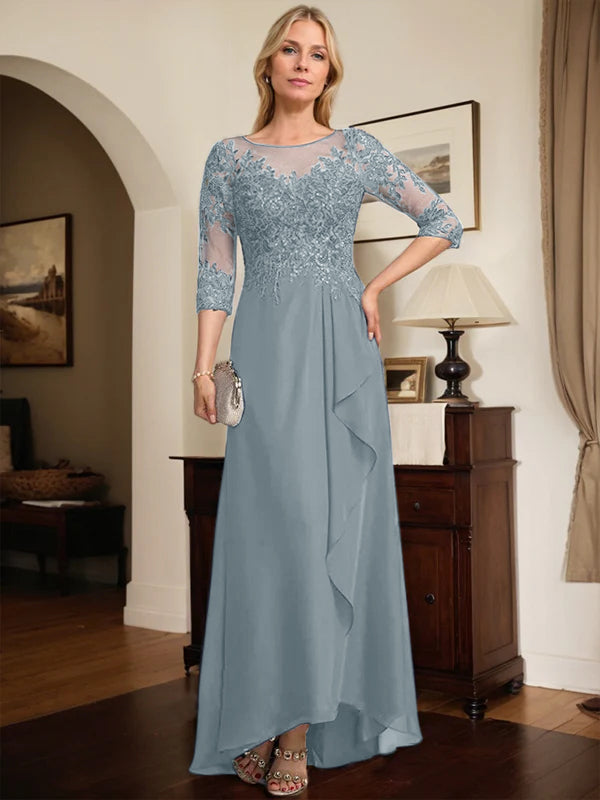 A-line Scoop Illusion Asymmetrical Lace Chiffon Mother of the Bride Dress With Sequins Cascading Ruffles