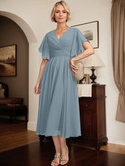 A-line V-Neck Tea-Length Chiffon Mother of the Bride Dress With Pleated Beading