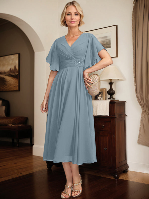 A-line V-Neck Tea-Length Chiffon Mother of the Bride Dress With Pleated Beading