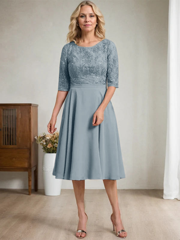 A-line Scoop Knee-Length Lace Chiffon Mother of the Bride Dress
