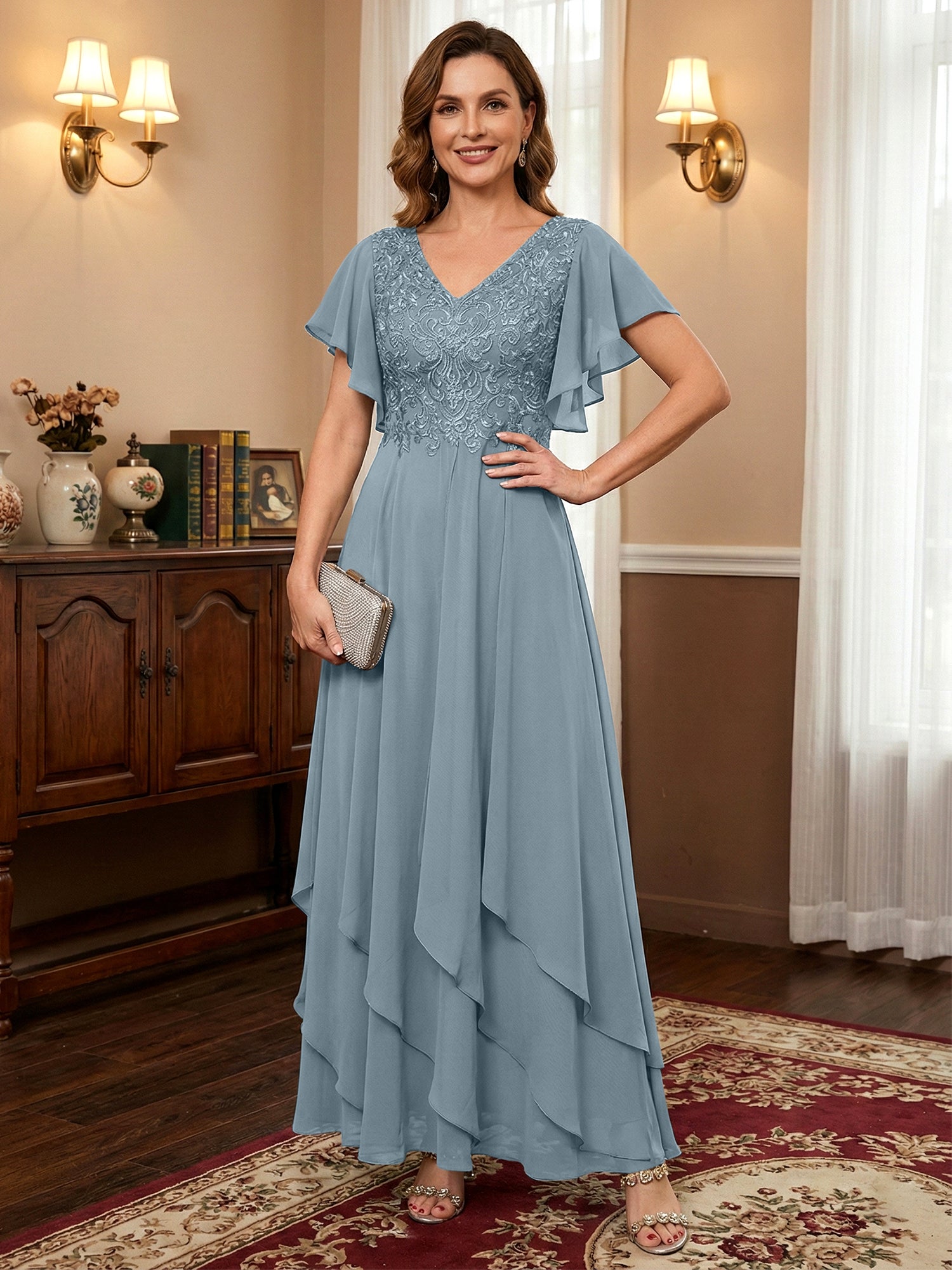 A-line V-Neck Ankle-Length Lace Chiffon Mother of the Bride Dress With Cascading Ruffles