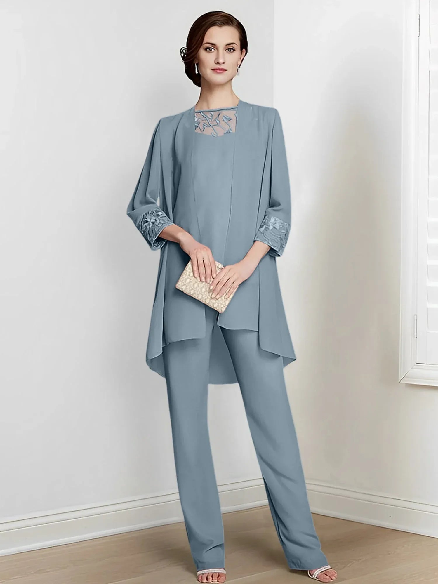 Tailleur-pantalon en mousseline à manches longues pour mère de la mariée avec veste 