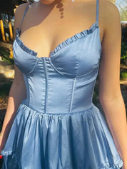 Dusty Blue A-Line Spaghetti Strap Ruffle Prom Party Dress with Slit