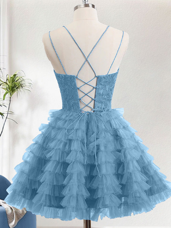 Dusty Blue A Line Spaghetti Straps Tulle Cute Homecoming Dress with Ruffles