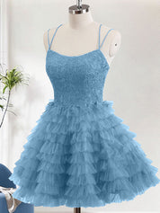 Dusty Blue A Line Spaghetti Straps Tulle Cute Homecoming Dress with Ruffles