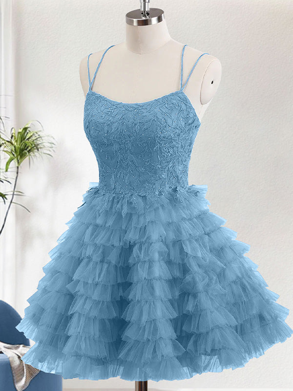 Dusty Blue A Line Spaghetti Straps Tulle Cute Homecoming Dress with Ruffles