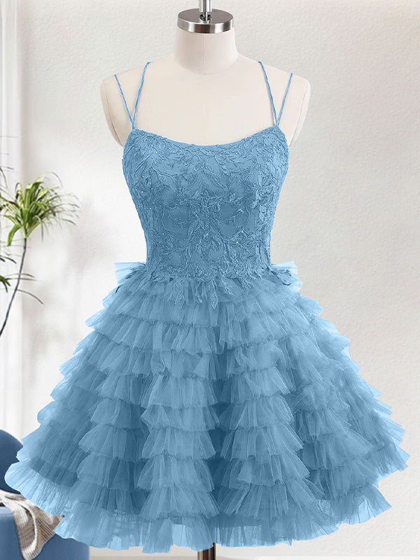 Dusty Blue A Line Spaghetti Straps Tulle Cute Homecoming Dress with Ruffles
