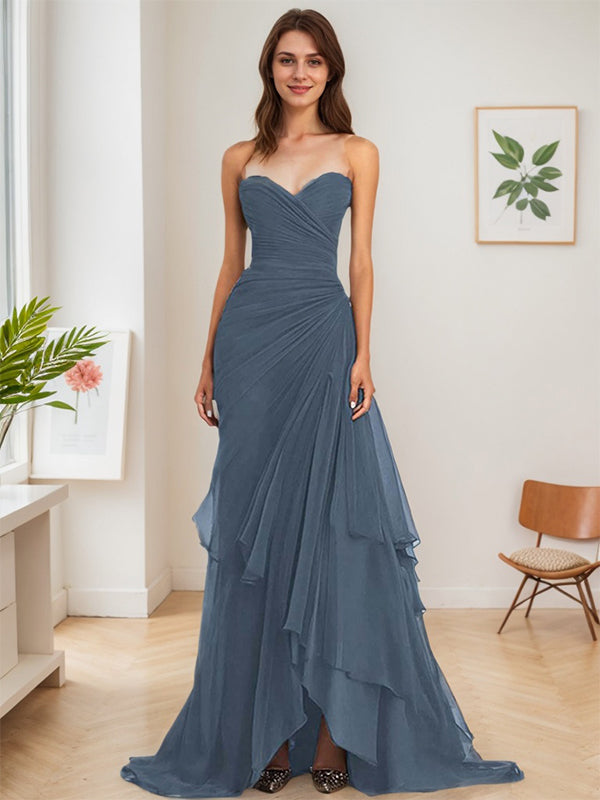 Dark Brown A Line Strapless Sweetheart Sheath Chiffon Tiered Long Formal Dress