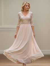 Dusty Blue A Line V-Neck Lace Chiffon Mother Of The Bride Dress With Appliques