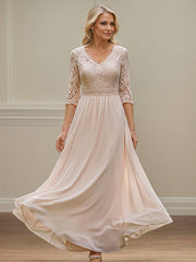 Dusty Blue A Line V-Neck Lace Chiffon Mother Of The Bride Dress With Appliques