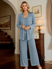 Dusty Blue Chiffon Mother of the Bride Pantsuits with Jacket & Sequins