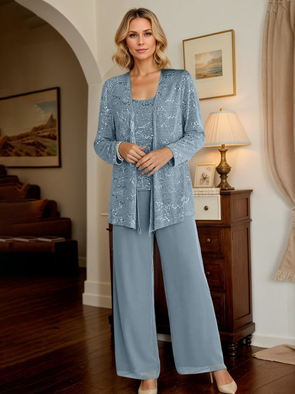 Dusty Blue Chiffon Mother of the Bride Pantsuits with Jacket & Sequins