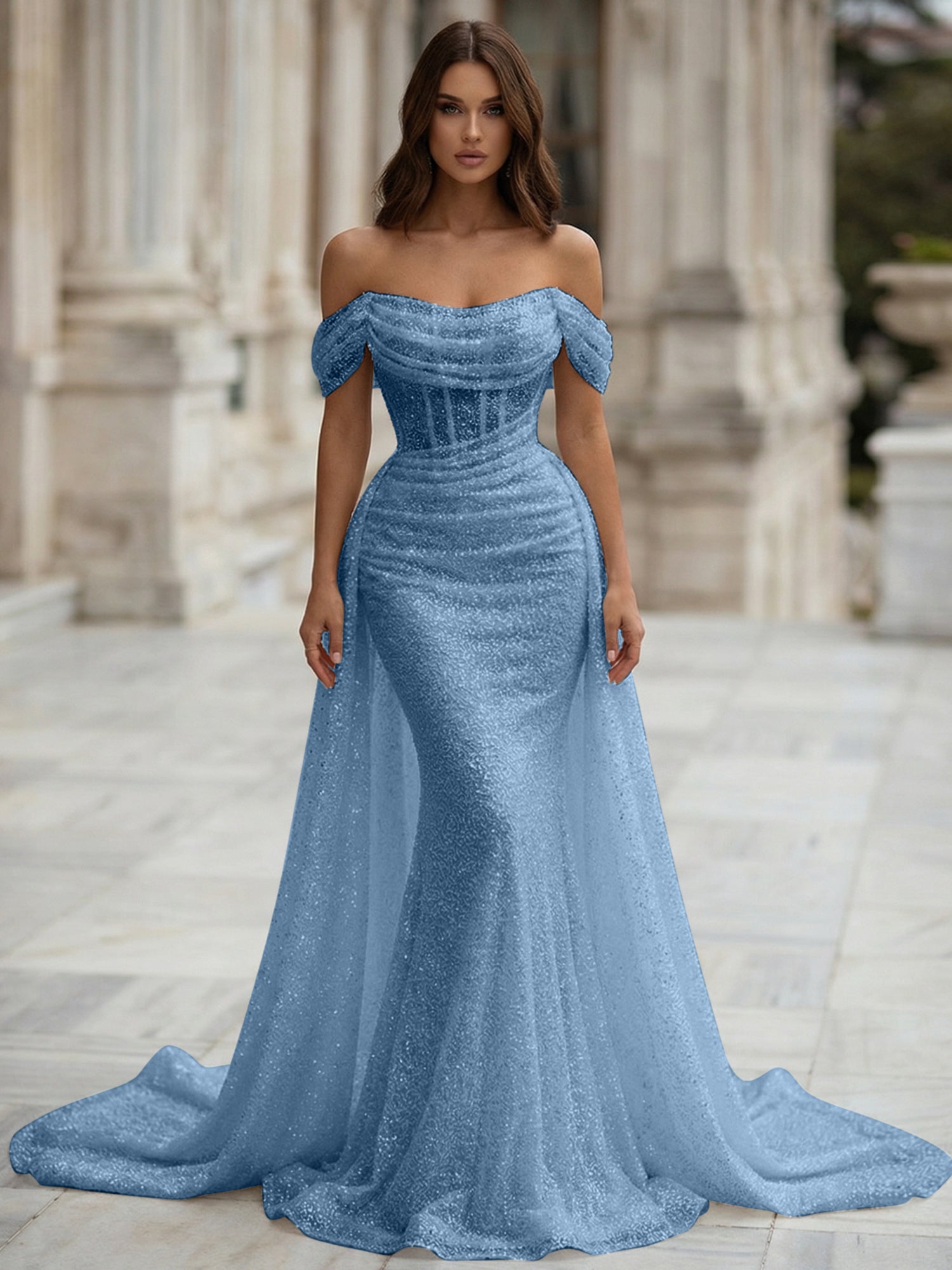 White Sequin Corset Mermaid Prom Dress with Overskirt