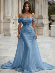 White Sequin Corset Mermaid Prom Dress with Overskirt