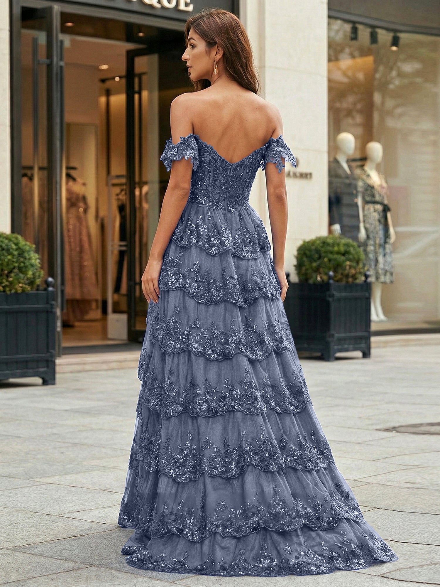 Royal Blue Off-the-Shoulder Sequin Lace Tiered Corset Prom Dress