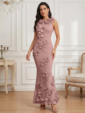 Romantic Pink Sleeveless 3D Floral Mermaid Gown