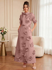 Pink Short Sleeve 3D Floral Maxi Dress Gown