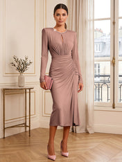 Dusty Rose Long Sleeve Ruched Midi Dress Formal Evening Gown