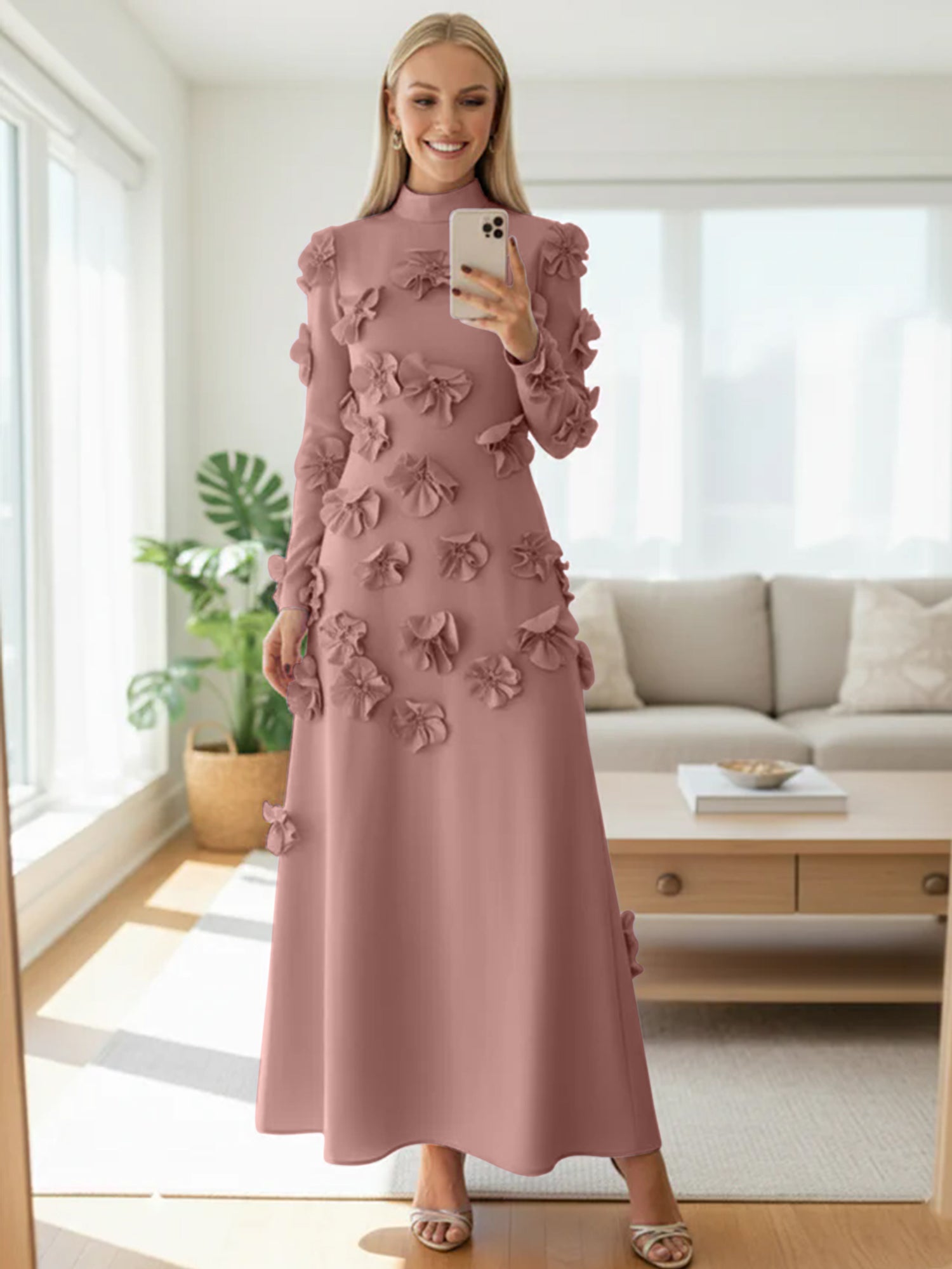 A Line High Neck Long Sleeves Floor Length Stretch Crepe Dress With 3D Flowers