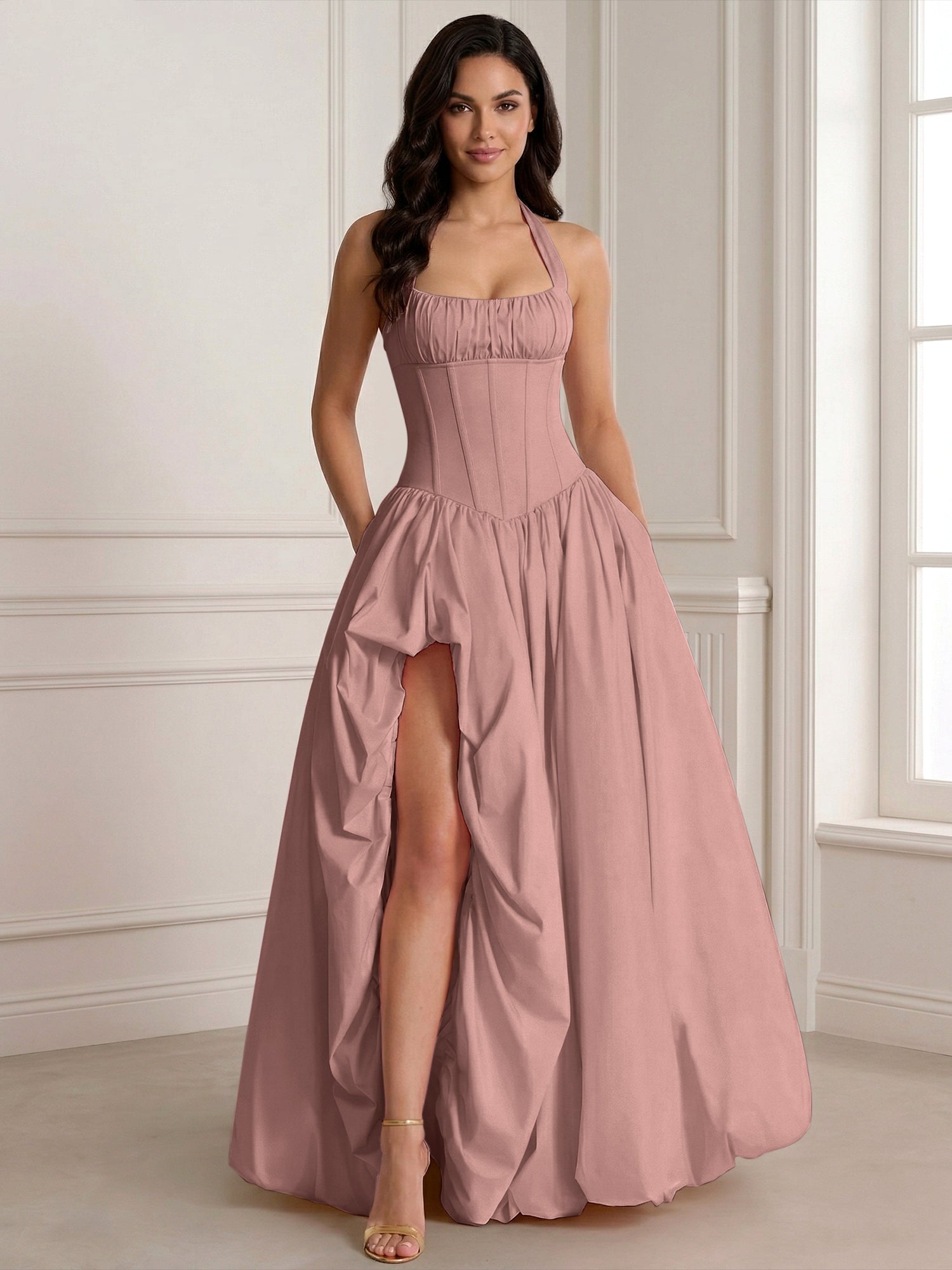 Glamorous Blush Pink Halter Corset Evening Paty Dress Gown