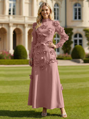 A Line High Neck Long Sleeves Stretch Crepe Dress With 3D Flowers