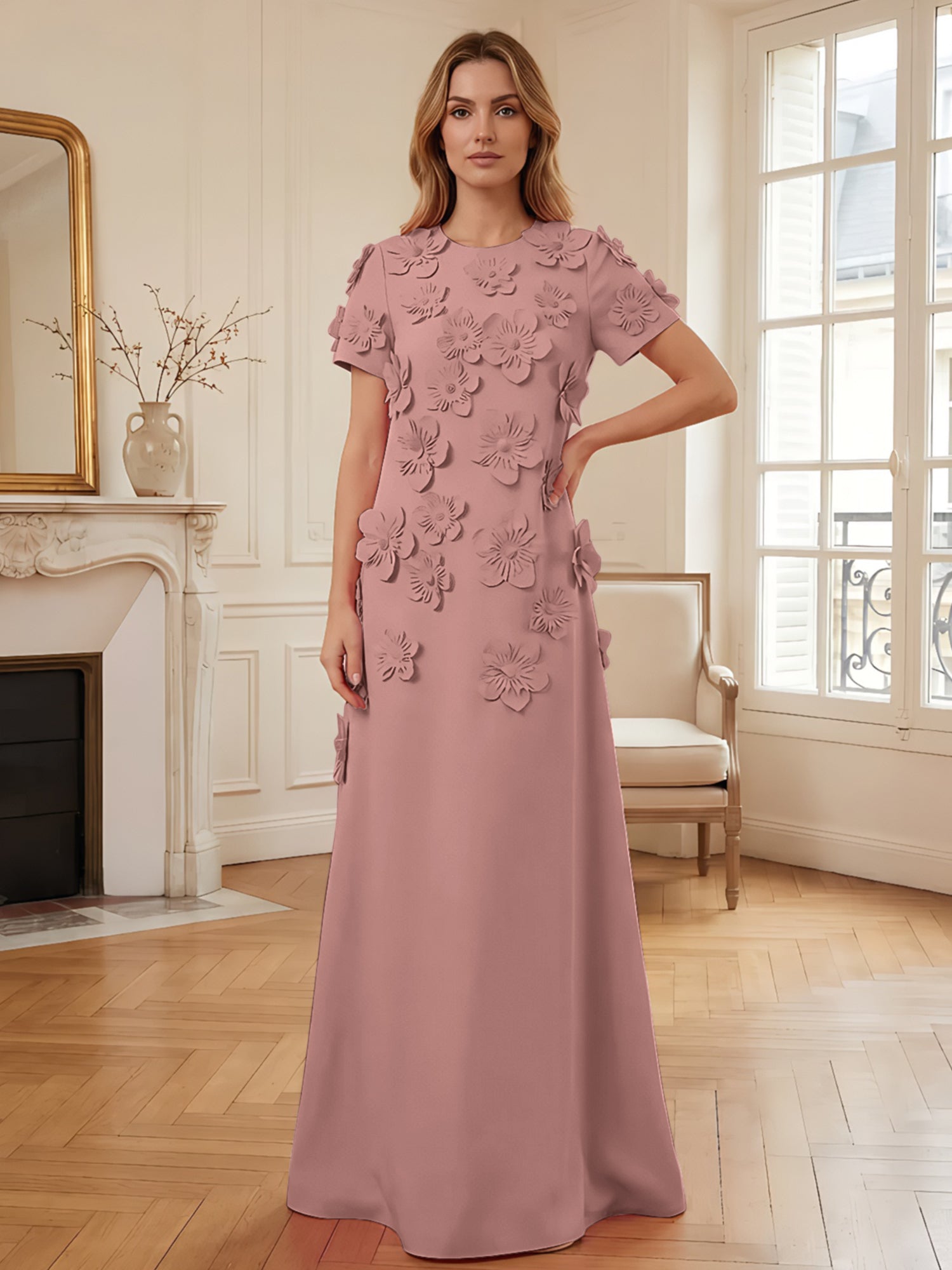 Short Sleeve Crew Neck A-Line Gown with 3D Floral Appliques Evening Dresses