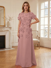Short Sleeve Crew Neck A-Line Gown with 3D Floral Appliques Evening Dresses