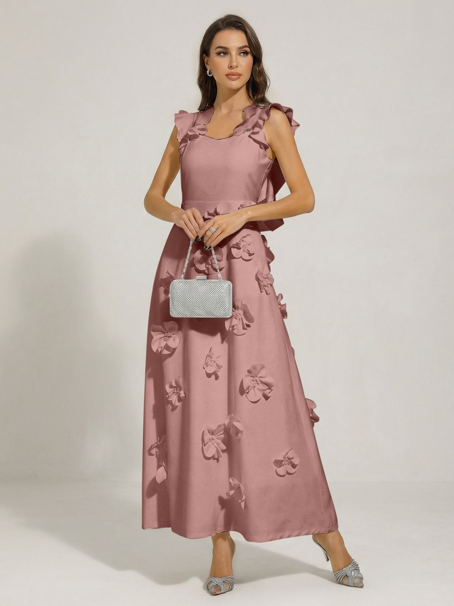 Chic White 3D Flowers A-Line Floor Length Stretch Crepe Dress with Pockets Maxi Dress